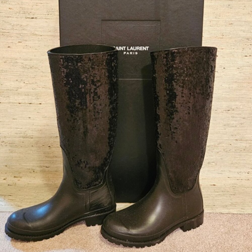Saint Laurent Black Sequin Rain Boots